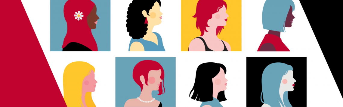 International Women's Day Thumbnail: a collage of profiles of women using UofG brand colours.